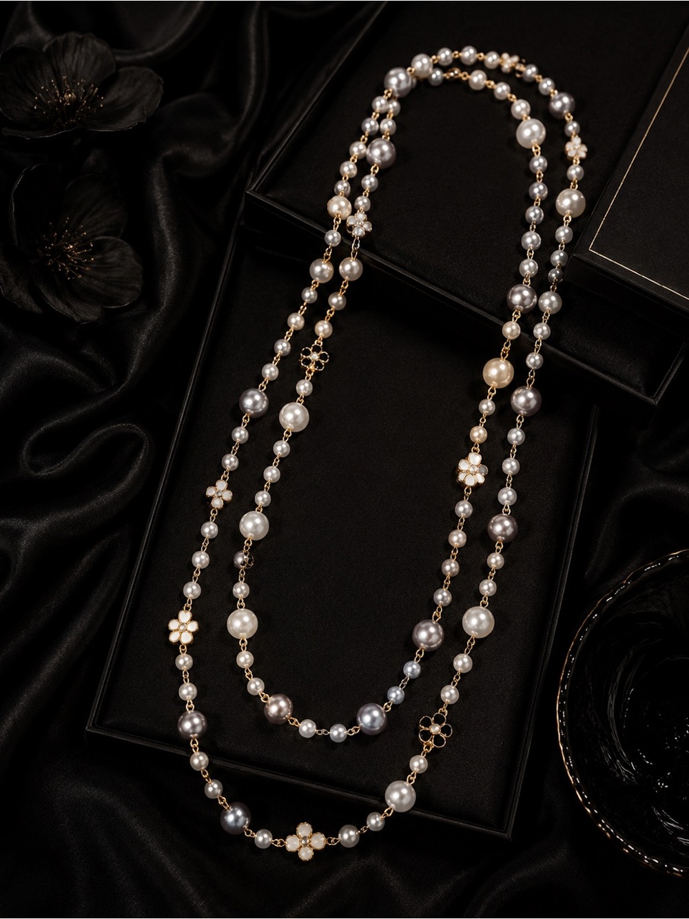 Pearl & Gold Flower Long Necklace - White and Gray